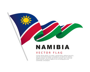 The flag of Namibia hangs on a flagpole and flutters in the wind. Vector illustration isolated on white background.