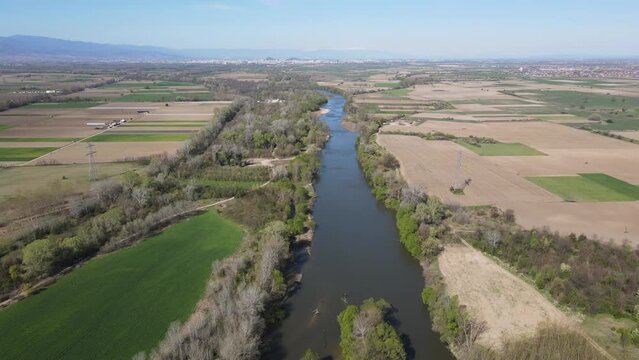 Aerial view of Chepelarska River, pouring into the Maritsa River near city of Plovdiv, Bulgaria