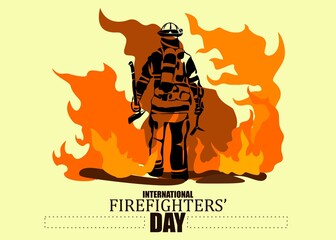 International firefighters day concept. Firefighter silhouette vector illustration, as a banner, poster or template for international firefighters day with lettering, fire and flames.
