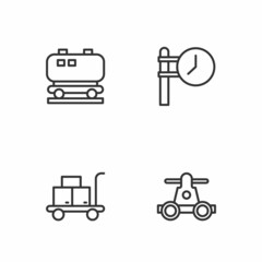 Set line Handcar transportation, Trolley suitcase, Oil railway cistern and Train station clock icon. Vector