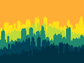 City at sunset. Summer heat in the city. The outlines of the construction of skyscrapers and city streets. City skyline for print, posters and promotional materials. Vector illustration