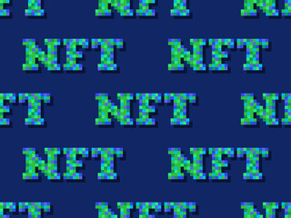 NFT token pixel art text seamless pattern. NFT non-fungible token. Digital art in blockchain technology. Design for banners and promotional items. Vector illustration