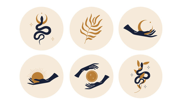 Sacred icons depicting the moon, sun and snakes in circles. Vector illustration. Set of icons and emblems for social media news covers. Design Templates for a Yoga Studio and an Astrologer Blogger