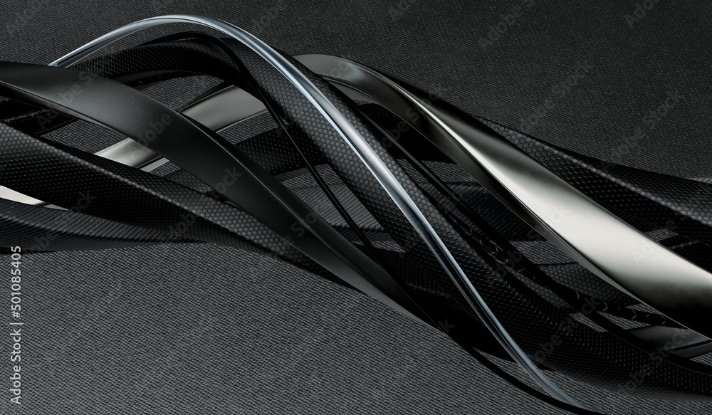 Poster black geometric abstract background, dynamic curved lines 3d rendering,