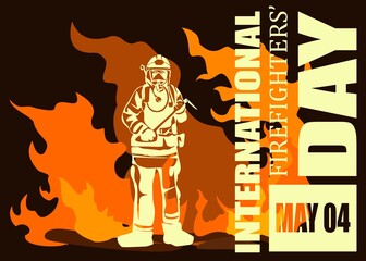 International firefighters day concept. Firefighter silhouette vector illustration, as a banner, poster or template for international firefighters day with lettering, fire and flames.