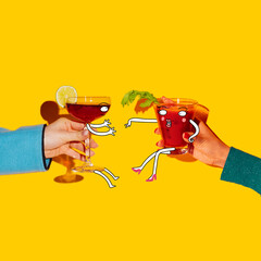 Contemporary art collage with drawings. Female hands holding glass with cocktails isolated on bright yellow background. Pop art, cartoon style