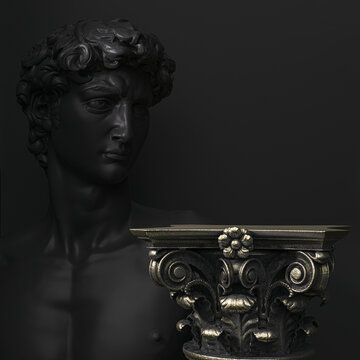 Black and gold background with David bust sculpture and antique column creative cosmetic for men background 3d rendering.