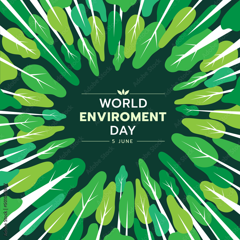 Poster world environment day - rotary green trees forest around frame and text in center on dark green back