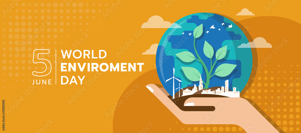 Poster world environment day - hands hold tree sapling and circle globe on earth with city building on yell