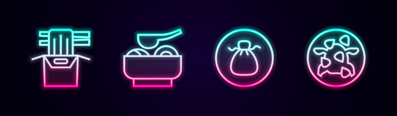 Set line Asian noodles in paper box, Ramen soup bowl, Wonton and Kung Pao chicken. Glowing neon icon. Vector