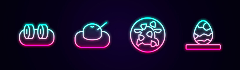 Set line Sushi, Mochi, Kung Pao chicken and Chinese tea egg. Glowing neon icon. Vector