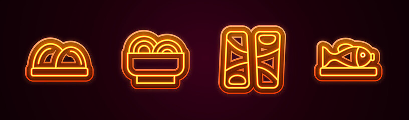 Set line Sushi, Asian noodles in bowl, Guotie and Served fish on plate. Glowing neon icon. Vector