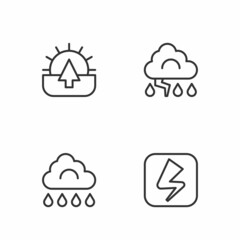 Set line Lightning bolt, Cloud with rain, Sunrise and and lightning icon. Vector