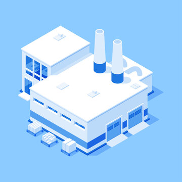 Plant Production Building With Warehouse Industrial Factory Exterior Isometric Vector Illustration. Chemical Manufacture Storehouse Product Storage Distribution Depot Hangar Construction Isolated