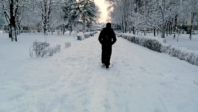 A man walks in the snow. A man in a dark ojezhd walks through the snow - the view from behind.