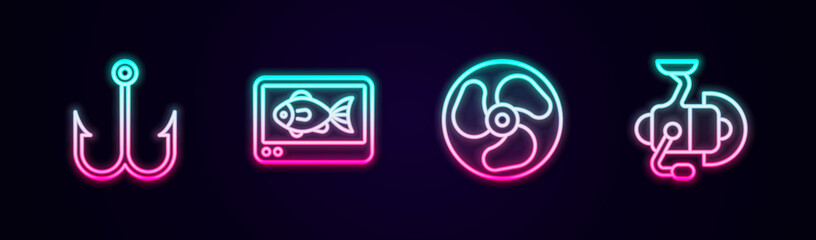 Set line Fishing hook, finder echo sounder, Outboard boat motor and Spinning reel for fishing. Glowing neon icon. Vector