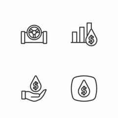 Set line Oil drop with dollar symbol, pipe valve and Pie chart and icon. Vector