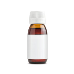 A brown glass bottle with a white plastic lid. Packaging for liquid medical products. A bottle with...