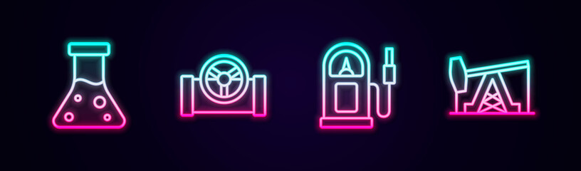 Set line Oil petrol test tube, pipe with valve, Petrol or gas station and pump pump jack. Glowing neon icon. Vector