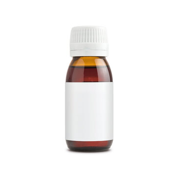 A brown glass bottle with a white plastic lid. Packaging for liquid medical products. A bottle with a white label for applying text and branding.