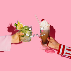 Contemporary art collage with drawings. Female hands holding glass with cocktails isolated on pink background. Pop art, cartoon style