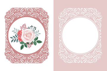Laser cut oval lace frame template and stencil frame. Vintage background with roses, vector. - obrazy, fototapety, plakaty
