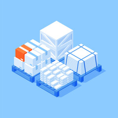Industrial cargo supply on wooden pallet for warehouse storage shipment loading logistic commercial service isometric vector illustration. Package box container distribution freight shipping