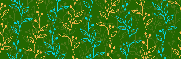Fototapeta premium Berry bush twigs natural vector seamless background. Cute floral graphic design. Garden plants leaves and blossom wallpaper. Berry bush sprouts doodle repeating design