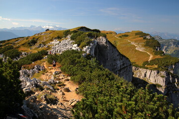 Panoramic view from a hiking trail at Loser mountain, with Dachstein mountain range in the background, Salzkammergut, Styria, Austria, Europe