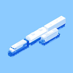 Diesel locomotive with connected wagons baggage van, industrial, refrigerator, tanker cistern isometric vector illustration. Cargo commercial train goods express import export transportation isolated © Виктория Суханова