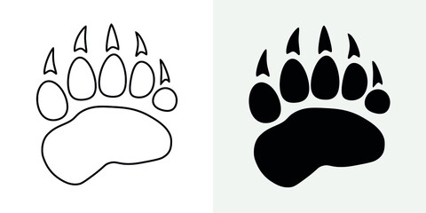 Outline and Filled Beast Footprint Icons. Bear paw print silhouette. Vector stock image