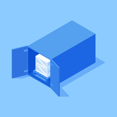 Rectangle cargo container open door pile of crate on wooden pallet safety international goods delivery isometric vector illustration. Freight transportation industrial box wholesale logistic business
