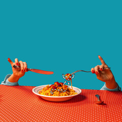 Food pop art photography. Female hands tasting spaghetti with meatballs on plaid tablecloth isolated on bright blue background. Cartoon, vintage, retro style interior