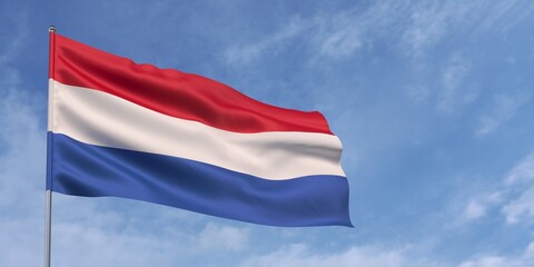 Fototapeta na wymiar Netherlands flag on flagpole on blue sky background. The Dutch flag fluttering in the wind against a background of sky with clouds. Place for text. 3d illustration.
