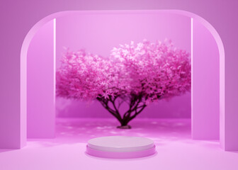 Realistic Pink Nature Garden podium with a product presentation 3d rendering Background With Tree