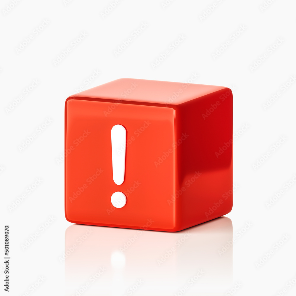 Aufkleber red exclamation mark attention 3d cube icon warning message of faq solution important notice symbol 