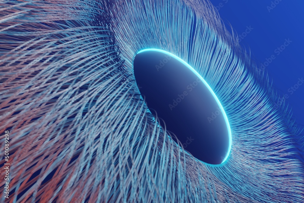 Poster Abstract eye background. Centric motion of star trails. Starburst dynamic lines or rays. 3d rendering illustration. Background pattern for design