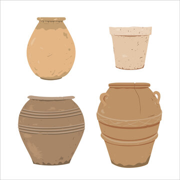 Old clay pot. Antique terracotta pottery, design element for home or patio decor. Vector illustration isolated on white