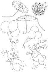 Black and white design doodle set with happy funny rabbits,  balloons, flowers and umbrella isolated on white background. Vector illustration, Easter and animal of the year 2023 concept. 