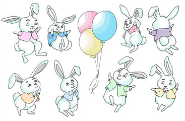 Design doodle set with cheerful and happy funny rabbits flying on balloons isolated on white background. Colorfulvector illustration, Easter spring and animal of the year 2023 concept. 