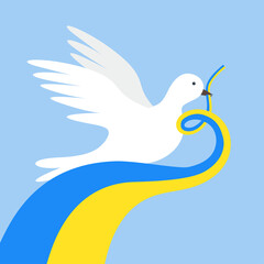 Pigeon with Ukrainian ribbon. Dove symbol of peace and freedom. Stay with Ukraine concept. Save Ukraine, no war. Ukraine and Russia military conflict. Flat Vector illustration on blue background.