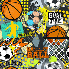 Seamless sport pattern with balls. Repeated backdrop for fashion clothes, t shirt, child, paper. Creative grunge design isolated on white © SokolArtStudio
