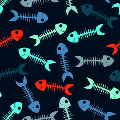 Multi-colored children's seamless pattern with skeletons of small fish for girls, boys, fashion textile, sport clothes.  Grunge background