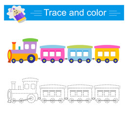 Obraz premium Trace and color for children. The train, vector. Preschool worksheet for practicing fine motor skills. Flat design