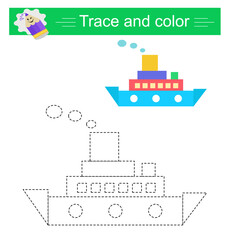 Trace and color for children, ship, vector. Preschool worksheet for practicing fine motor skills. Flat design