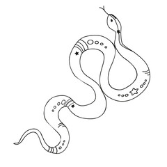 Handmade twisted snake isolated on white background. snake line art Vector monochrome view of a snake. Black and white animalistic illustration in vintage esoteric style, t-shirt design, tattoo art