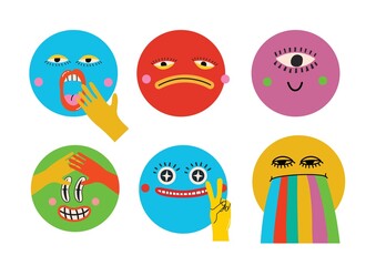 Collection of Round abstract comic Faces with various Emotions. Crazy Abstract comic geometric shape characters elements and faces. Vector Illustration
