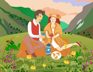 Fototapeta premium Loving couple in the mountains. Man and woman in mountains landscape.