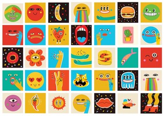 Big Set of Different colored Vector illustartions for posters in Cartoon Flat design. Hand drawn Abstract shapes, faces, different texture, greek elements, funny Comic characters.