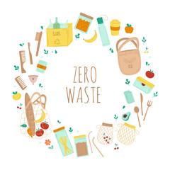 Zero waste. A set of substitute items in case of rejection of plastic. Wooden items. Recycling and sorting of garbage. Paper and reusable tableware. Glass jars. Vector flat illustrations